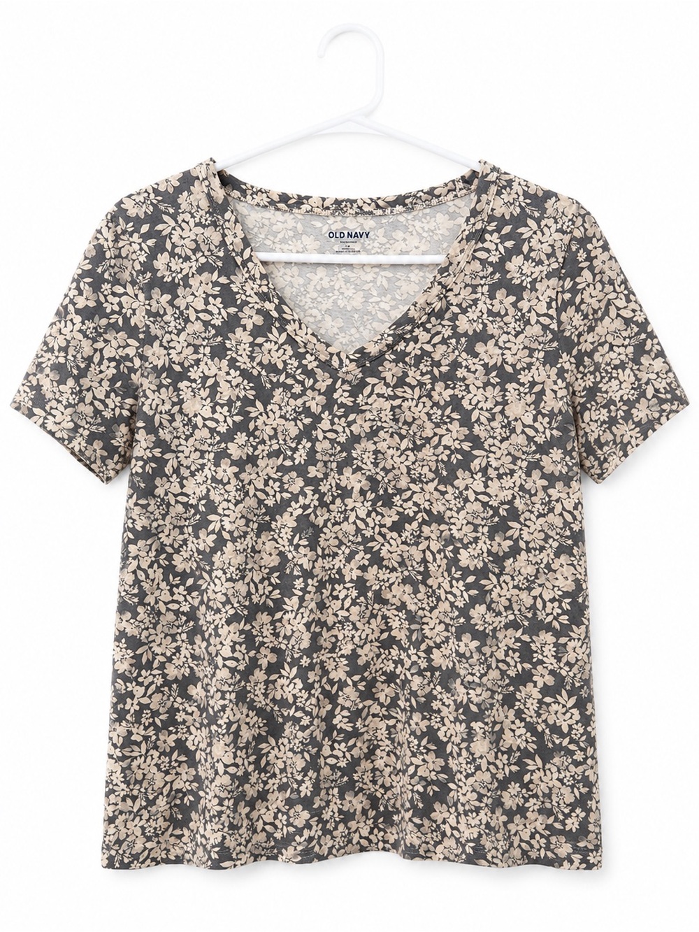 Old Navy Gray Tee with Cream Floral Print - V-Neck Short Sleeve